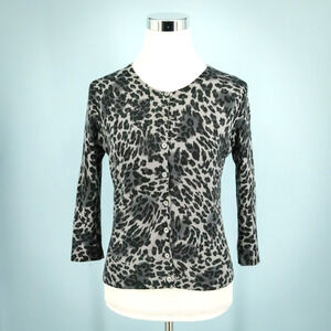 Garnet Hill Size Small S Gray Black Animal Print Merino Wool Cardigan Sweater